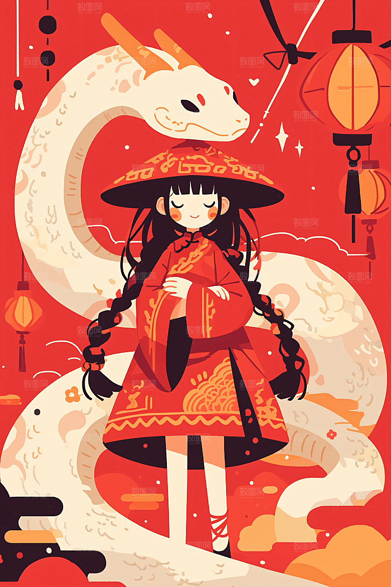 新年生肖蛇过年插画素材