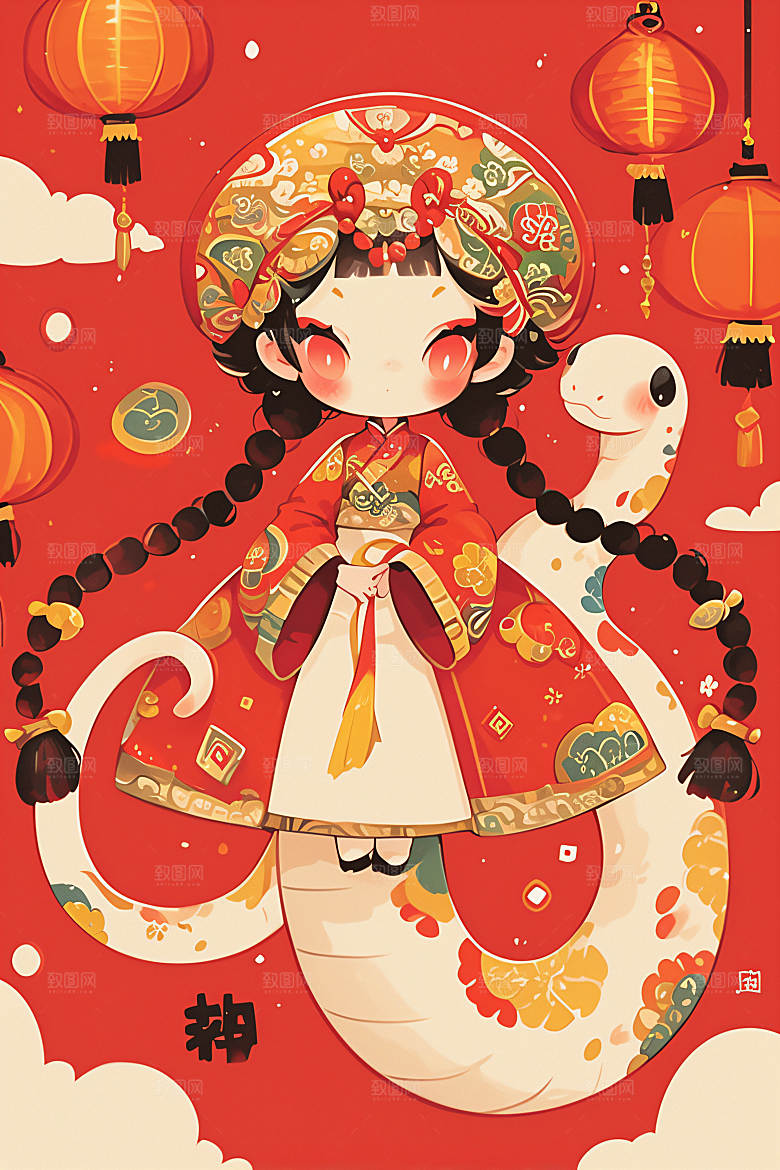 新年生肖蛇插画二十四生肖素材