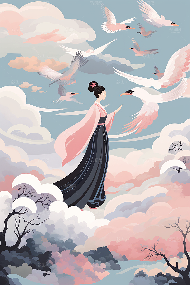 中国风美女侧影唯美手绘插画