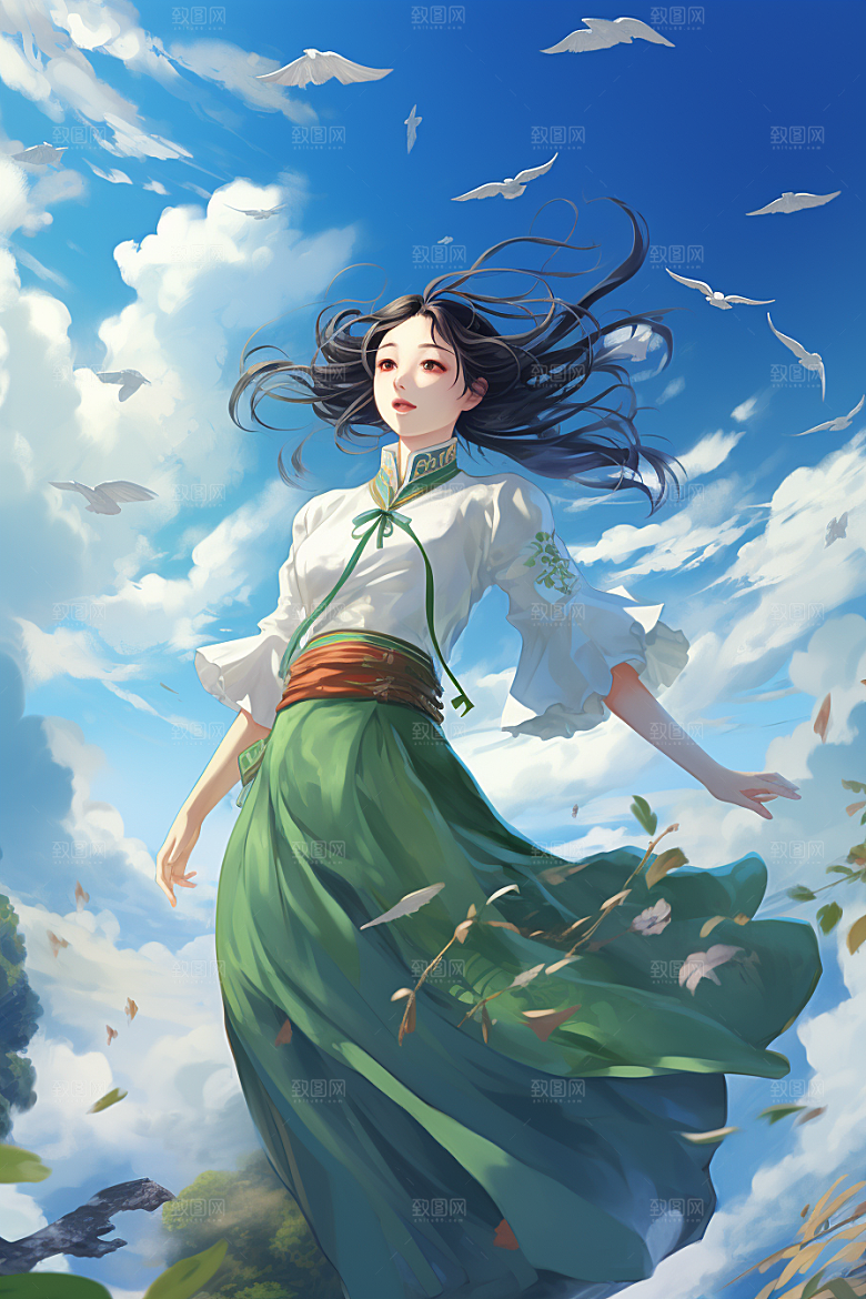 中国风美女侧影手绘新中式插画