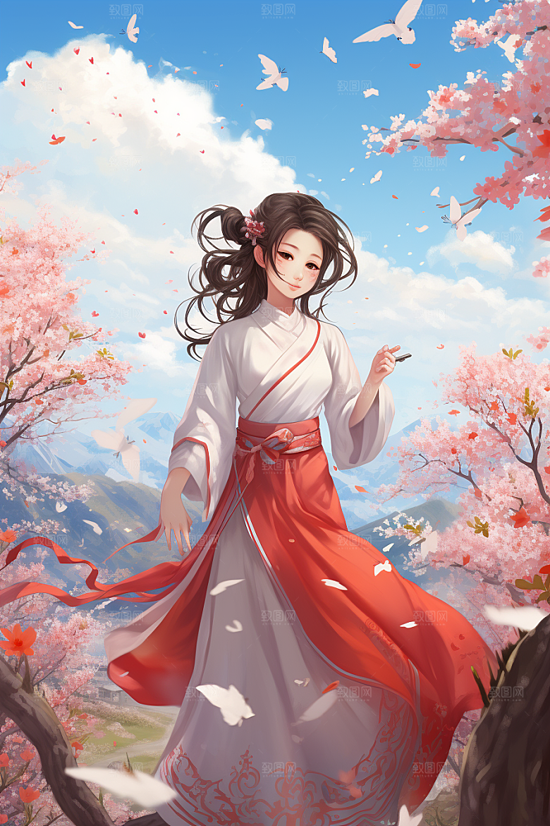 中国风美女侧影手绘唯美插画
