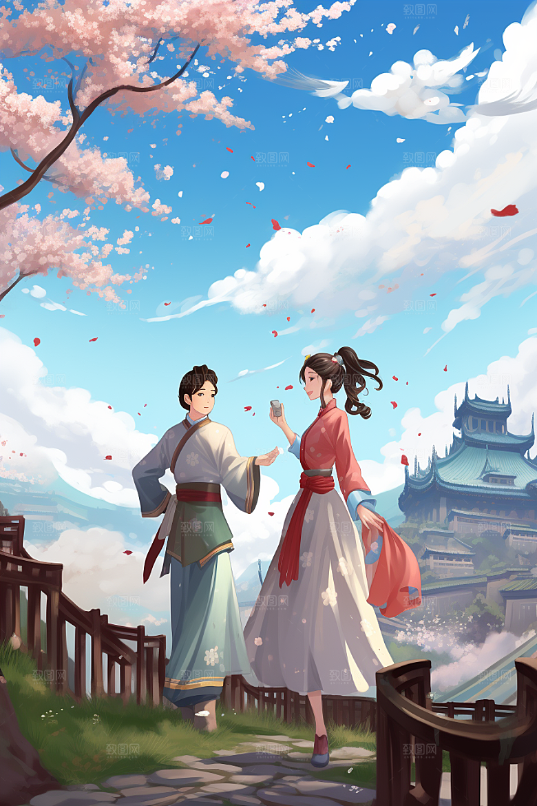 中国风美女侧影手绘新中式插画