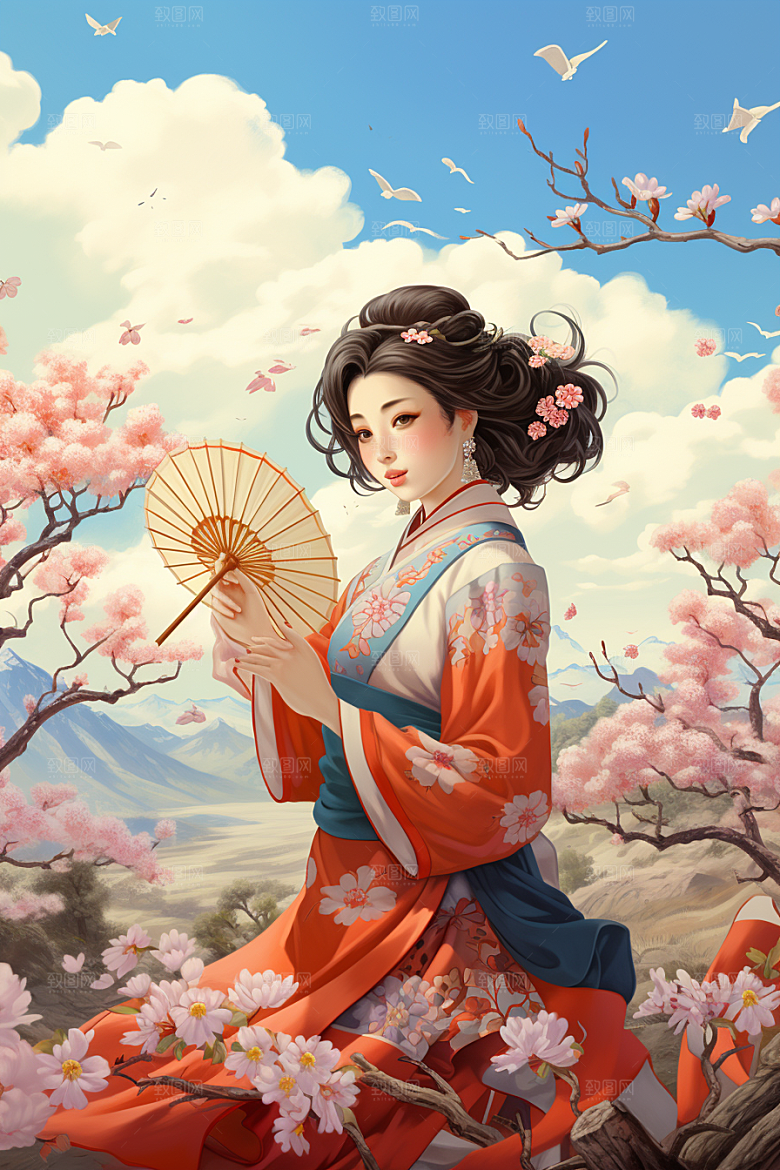 中国风美女侧影手绘婉约插画