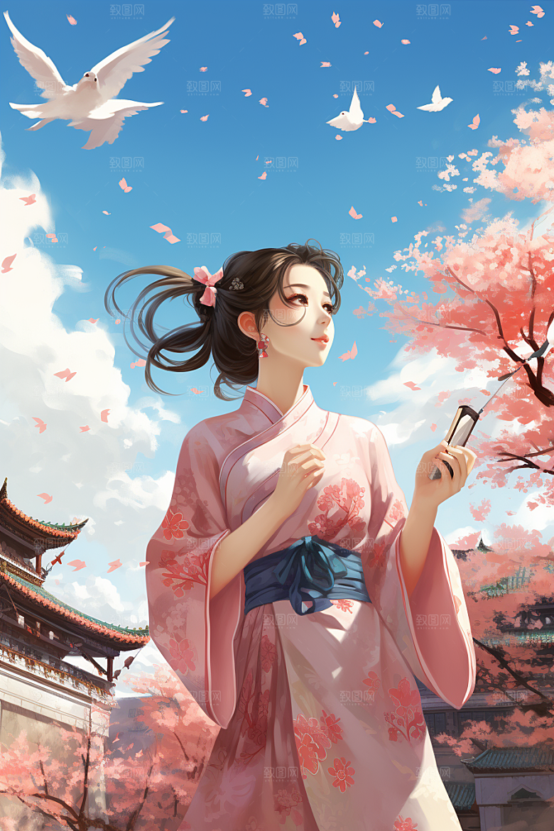 中国风美女侧影婉约唯美插画