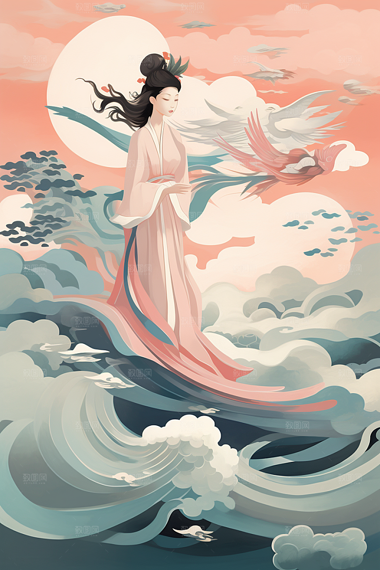 中国风美女侧影婉约新中式插画