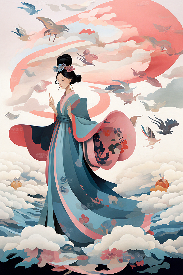 中国风美女侧影唯美手绘插画