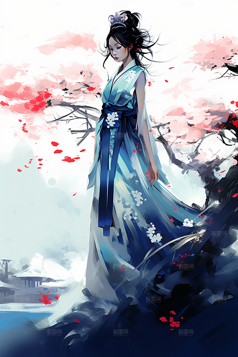 中国风美女侧影婉约手绘插画