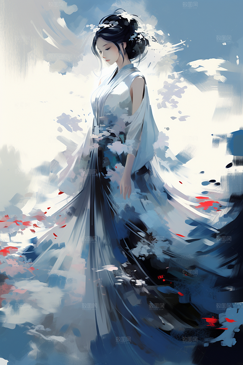 中国风美女侧影新中式手绘插画