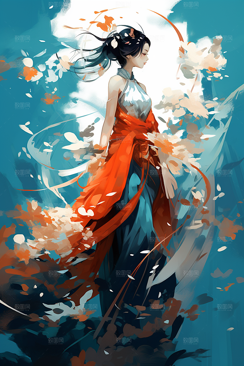 中国风美女侧影手绘新中式插画