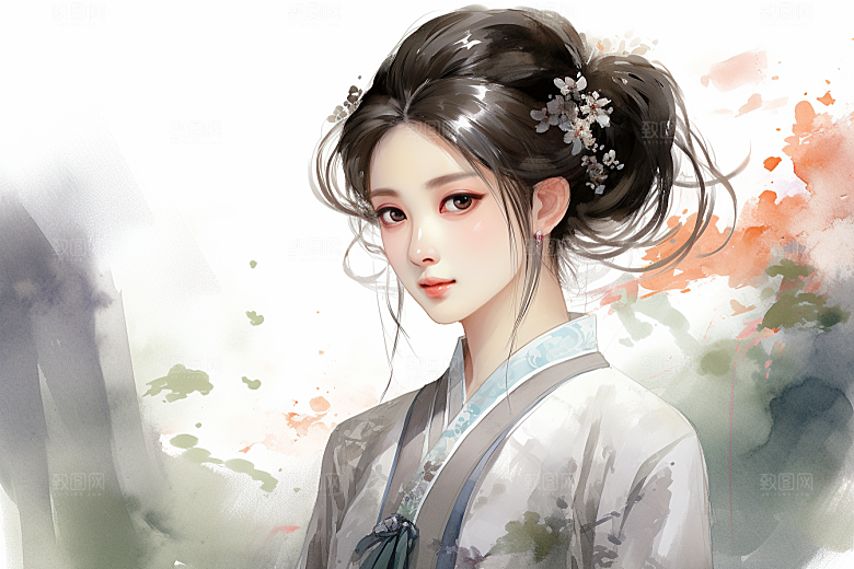 新中式美女艺术手绘插画