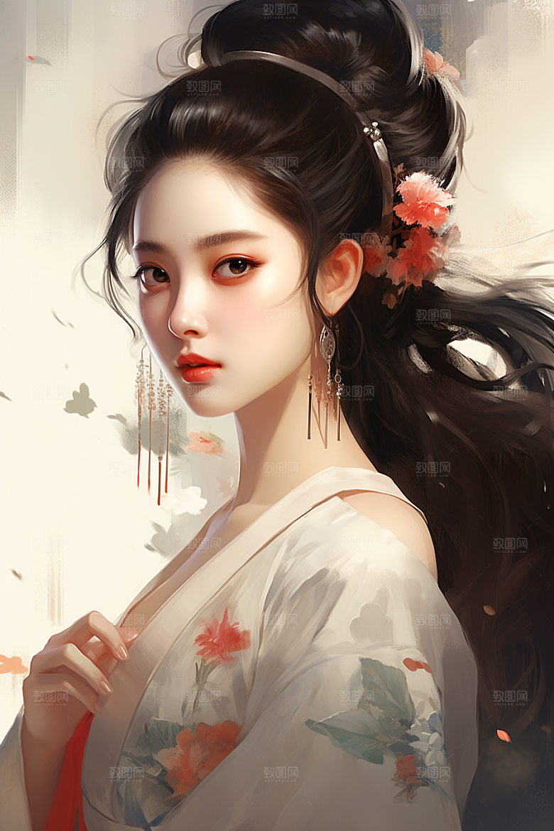 新中式美女中国风水墨插画