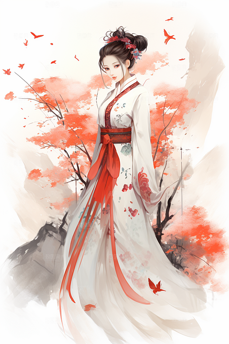 新中式美女水墨艺术插画