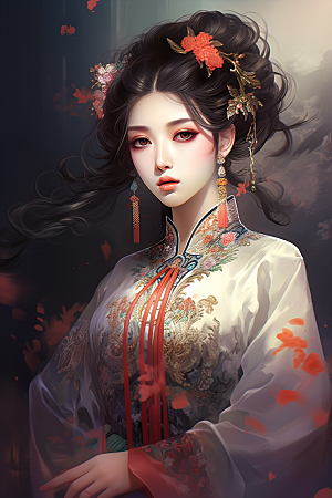 新中式美女水墨艺术插画