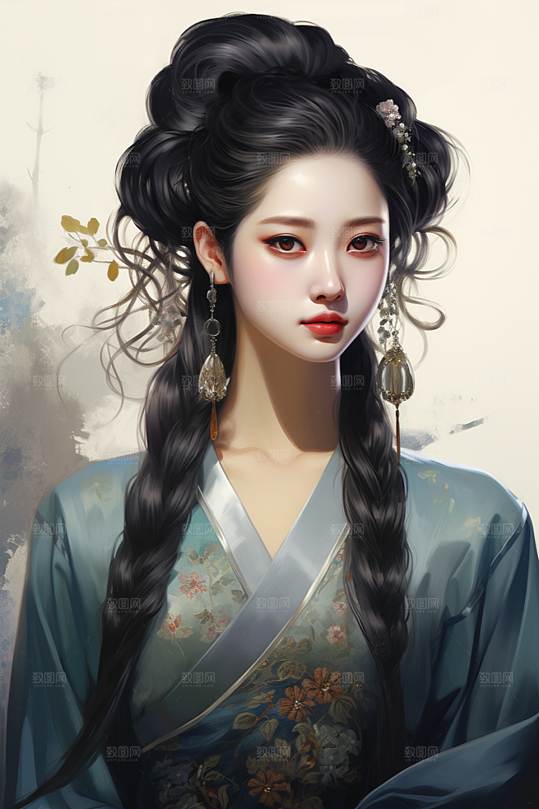 新中式美女中国风水墨插画