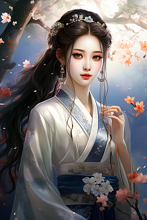 新中式美女水墨文艺插画