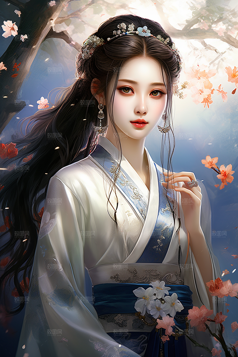新中式美女水墨文艺插画