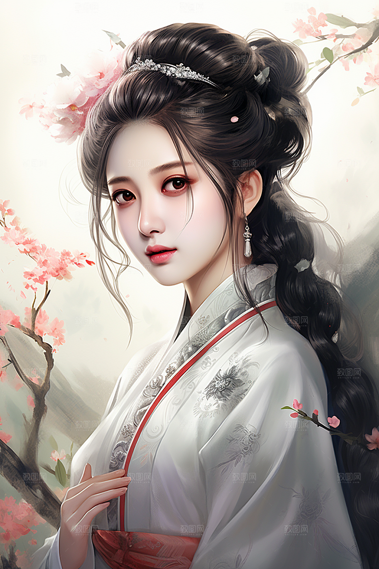新中式美女中国风水墨插画