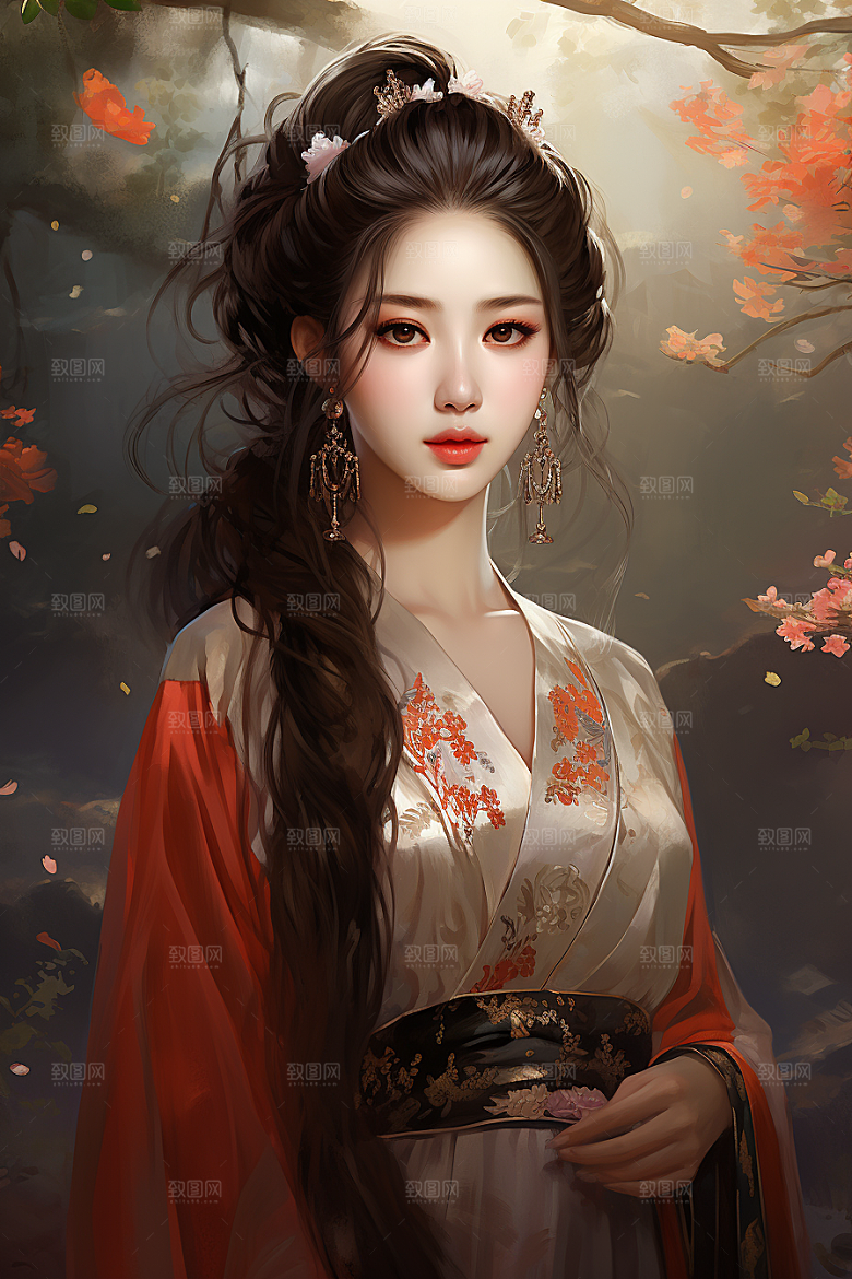 新中式美女水墨手绘插画