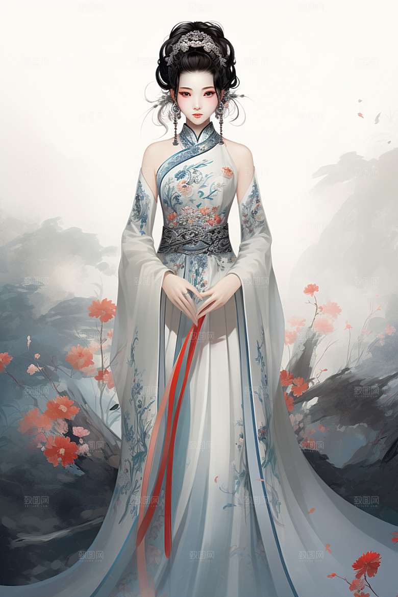新中式美女手绘中国风插画