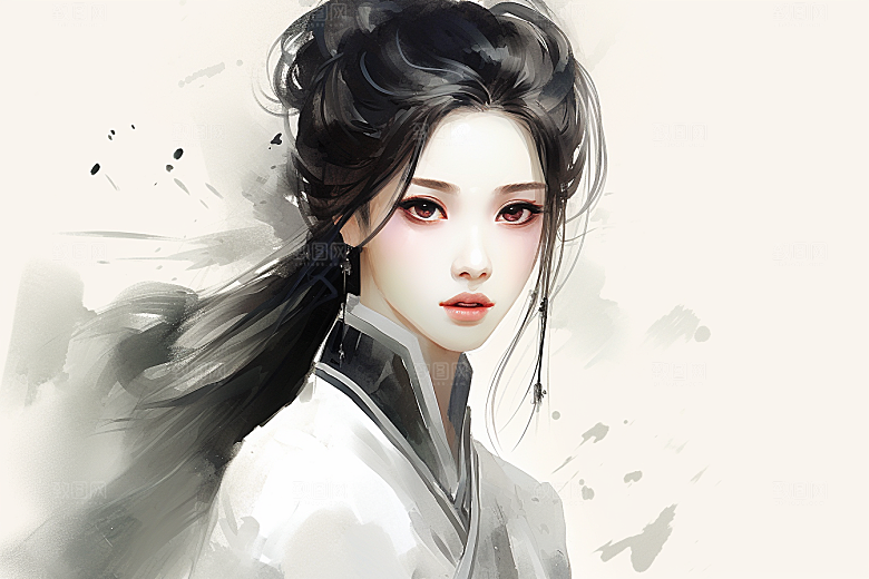 新中式美女高清水墨插画