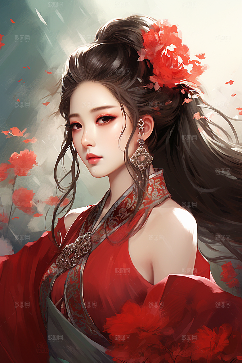 新中式美女高清手绘插画