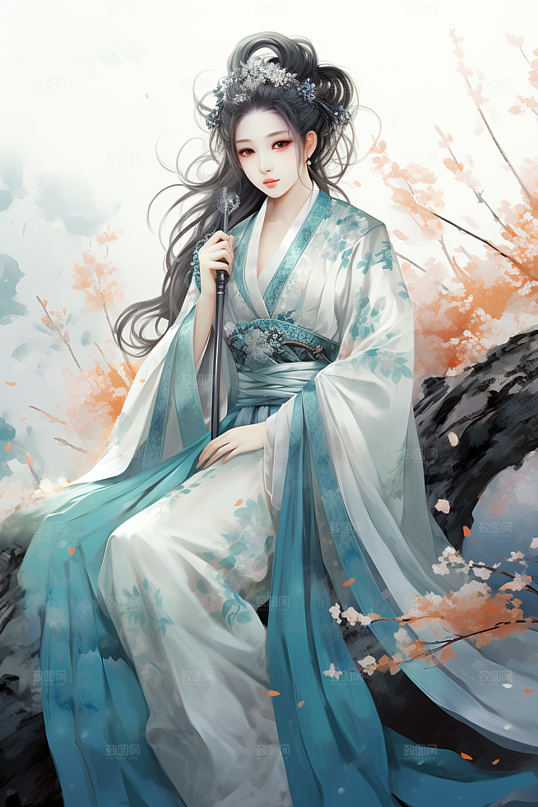 新中式美女艺术手绘插画