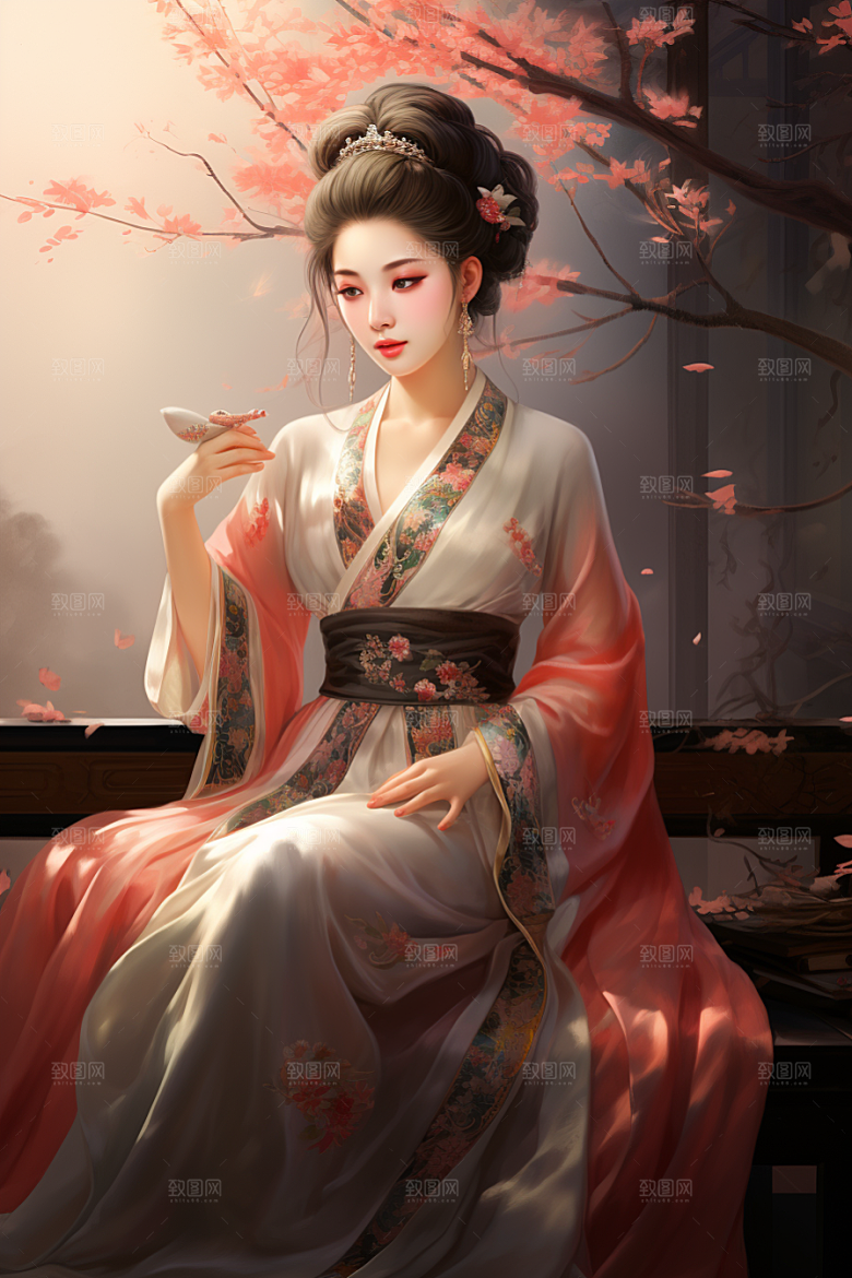 新中式美女水墨唯美插画