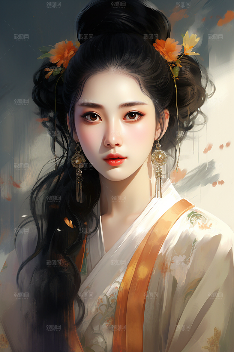 新中式美女水墨艺术插画