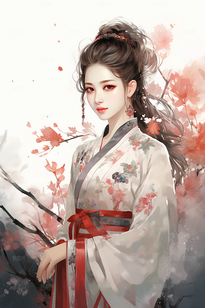 新中式美女水墨手绘插画