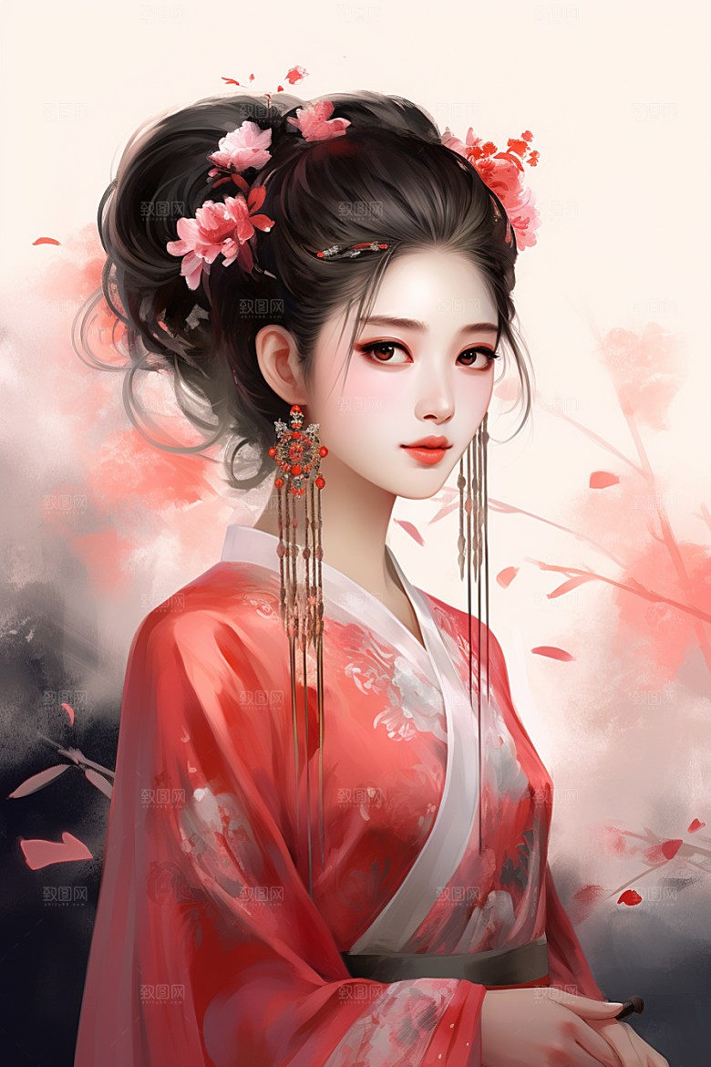 新中式美女水墨高清插画