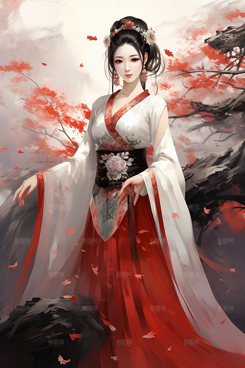 新中式美女水墨唯美插画