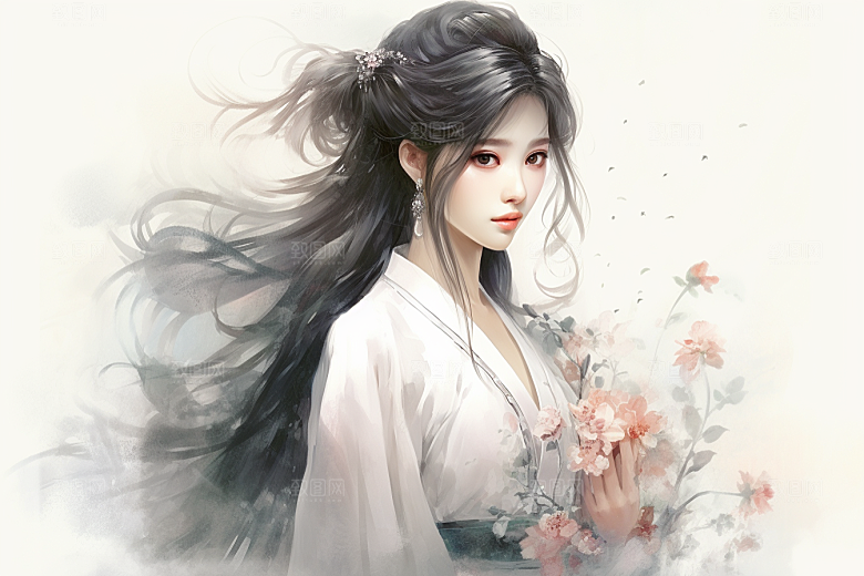 新中式美女水墨文艺插画