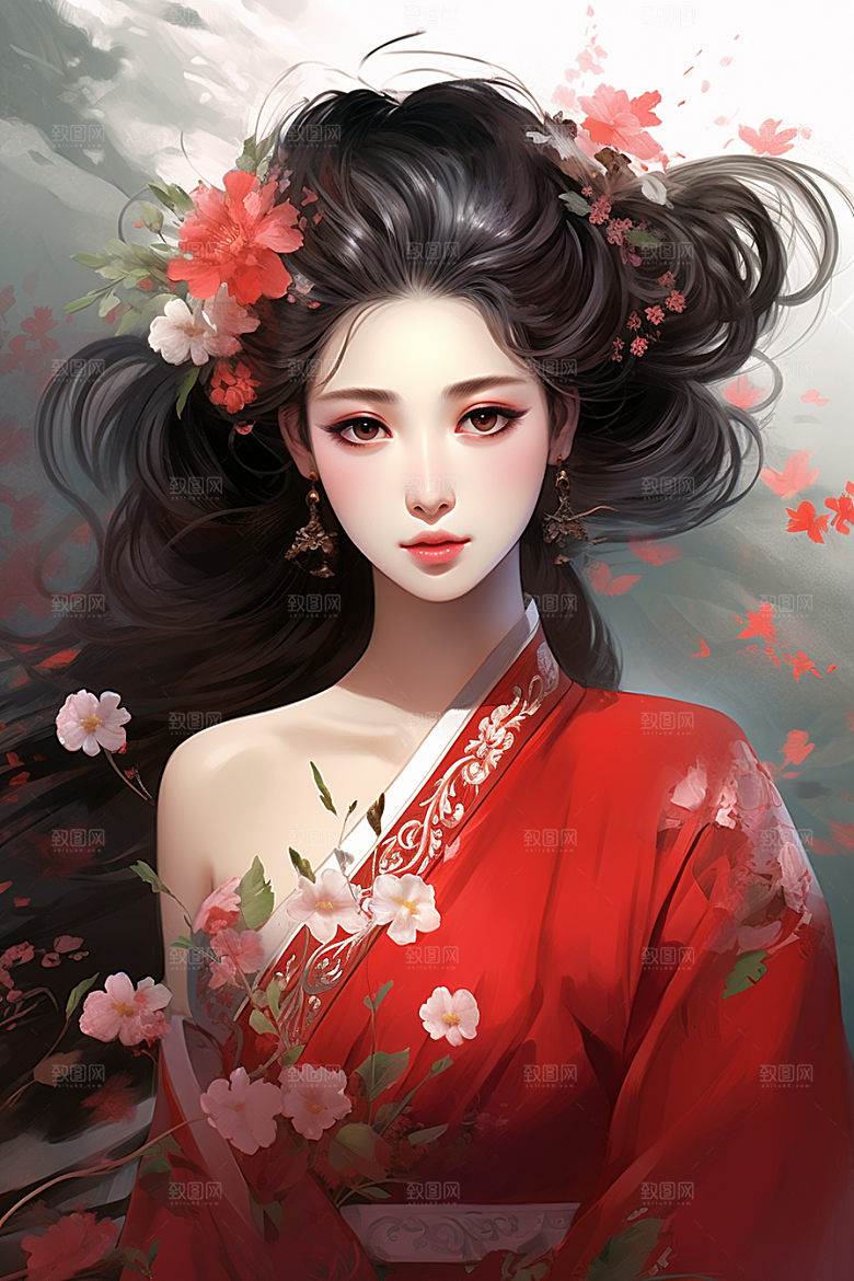 新中式美女中国风水墨插画