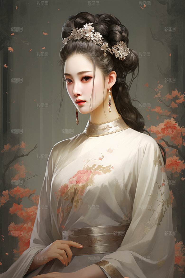 新中式美女水墨高清插画