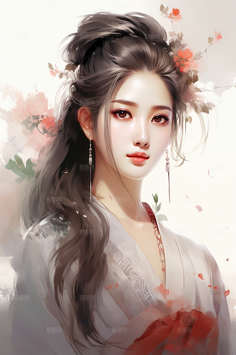 新中式美女水墨文艺插画