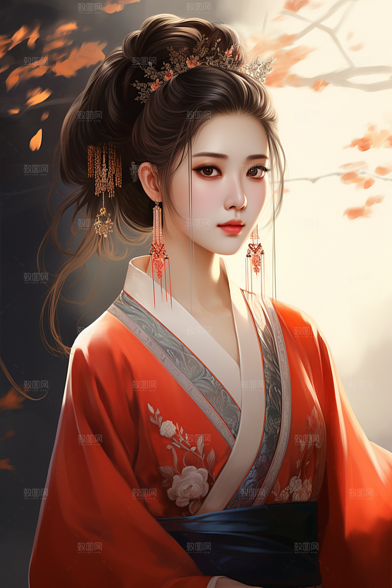 新中式美女水墨手绘插画