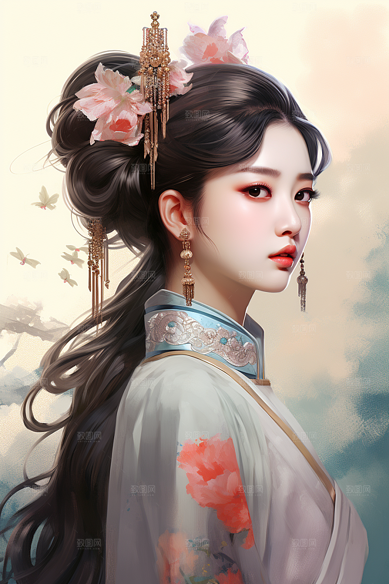 新中式美女水墨中国风插画