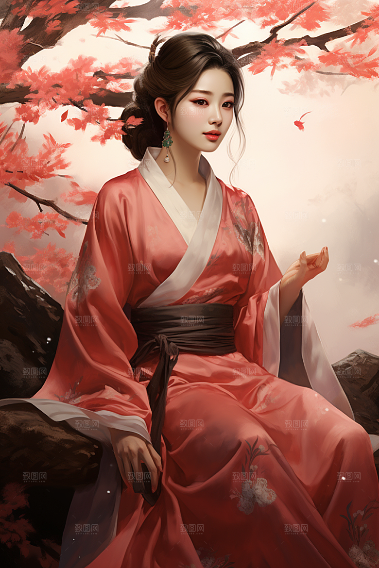 新中式美女中国风水墨插画