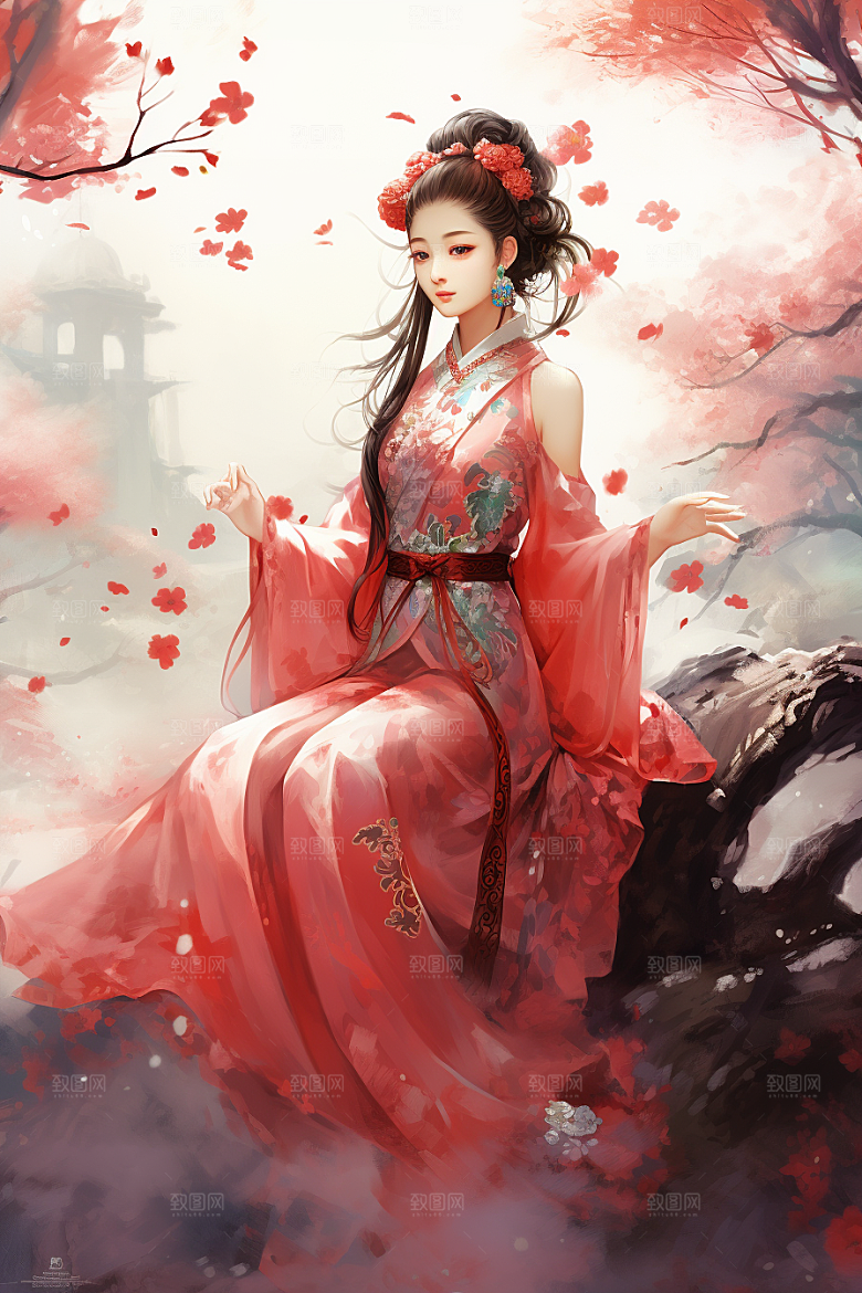 新中式美女唯美文艺插画