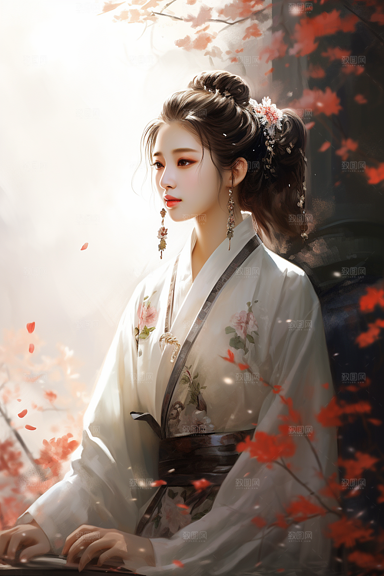 新中式美女水墨文艺插画