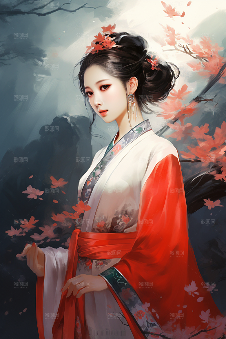 新中式美女水墨艺术插画