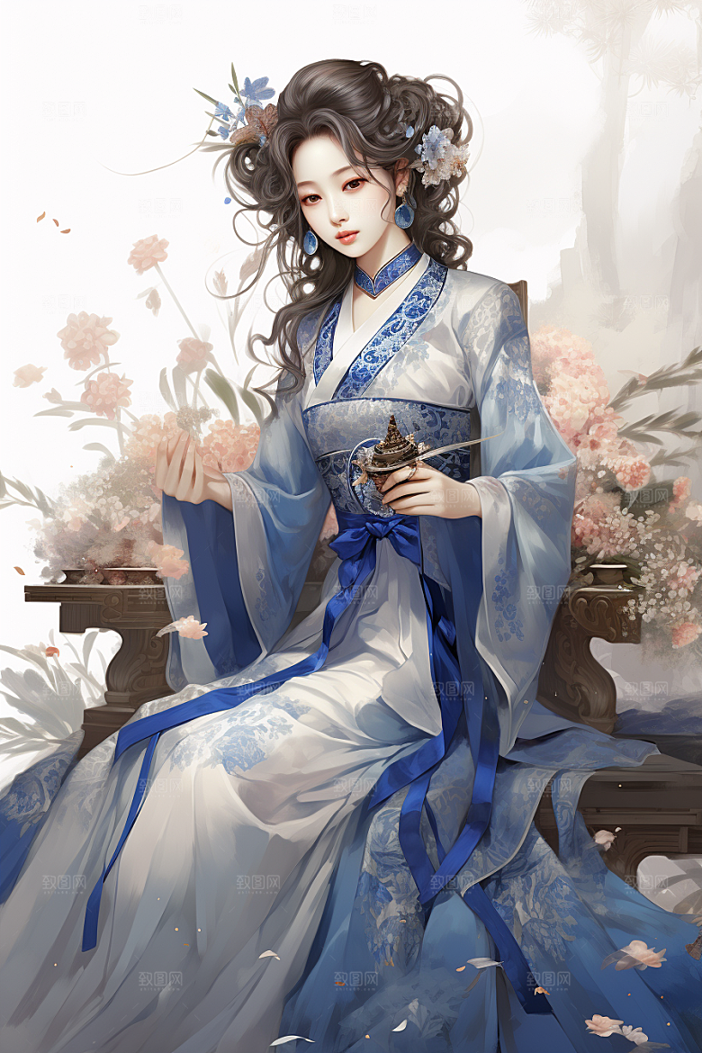 新中式美女水墨温婉插画