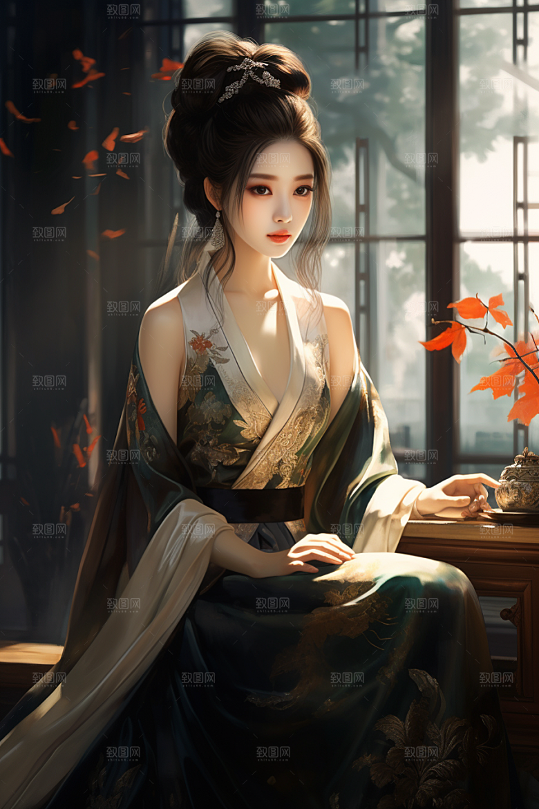新中式美女唯美文艺插画