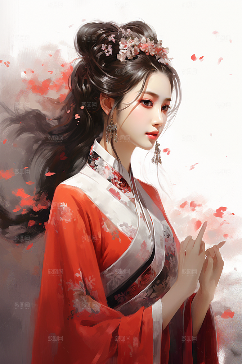 新中式美女温婉水墨插画