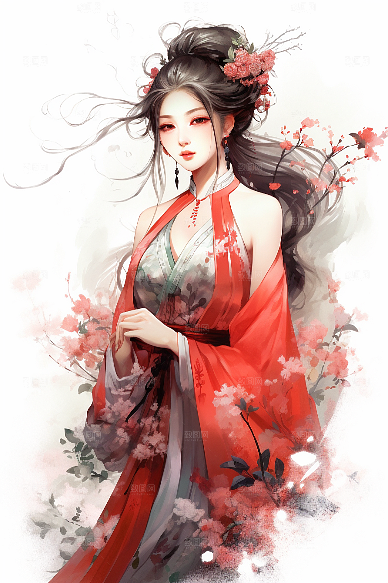 新中式美女手绘唯美插画