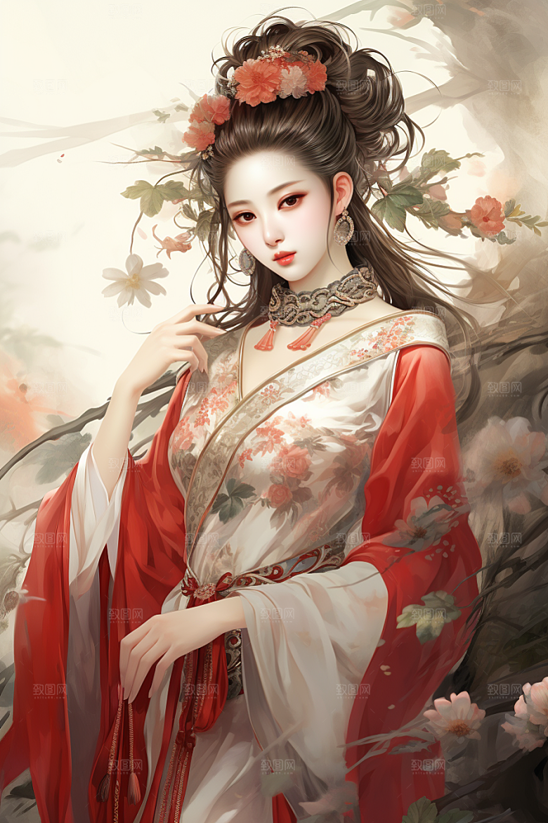 新中式美女温婉水墨插画