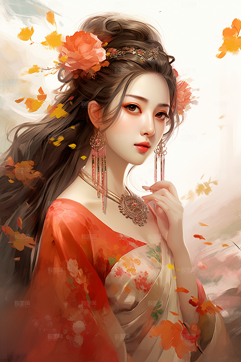 新中式美女温婉水墨插画