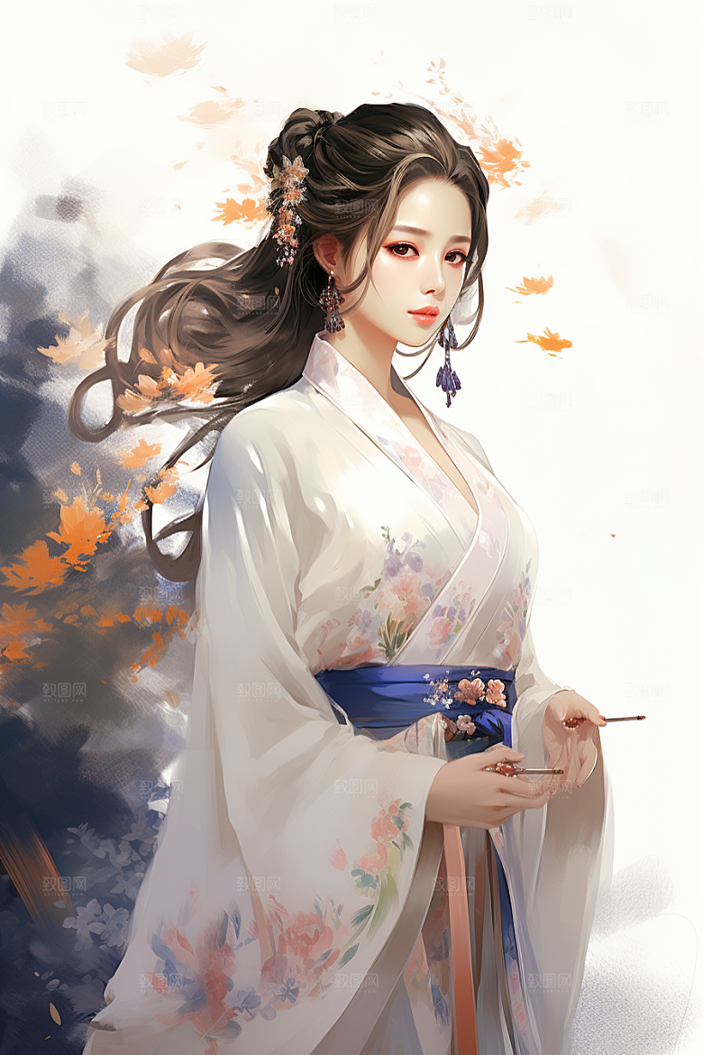 新中式美女水墨文艺插画