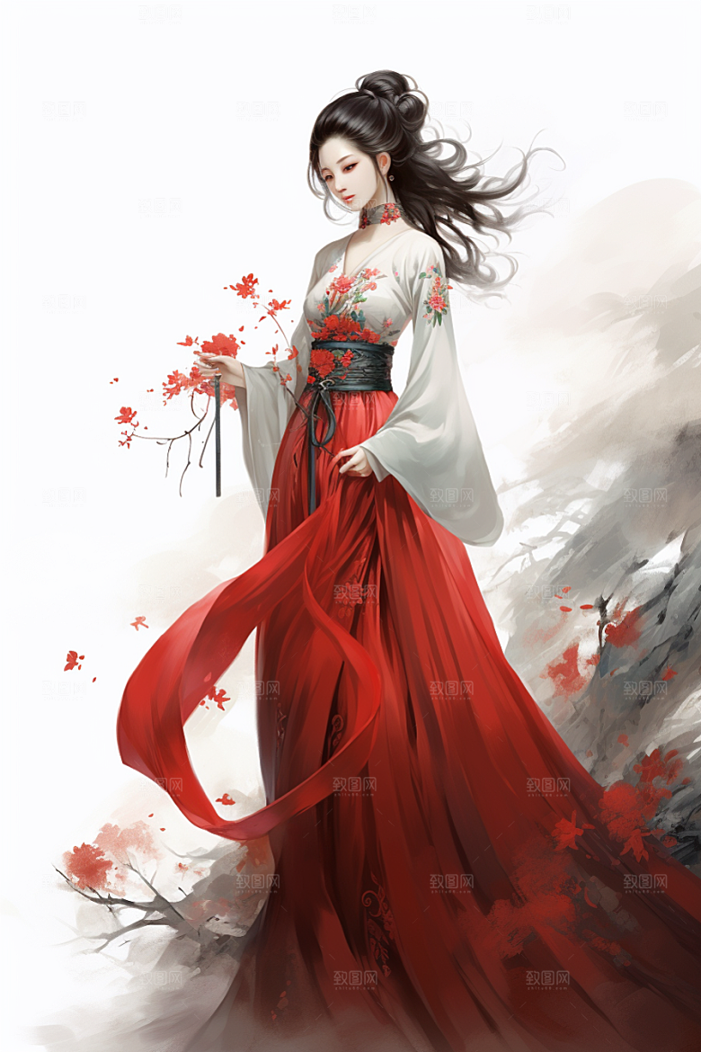 新中式美女唯美手绘插画