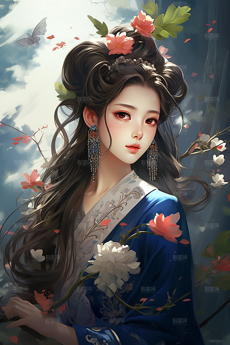 新中式美女水墨唯美插画